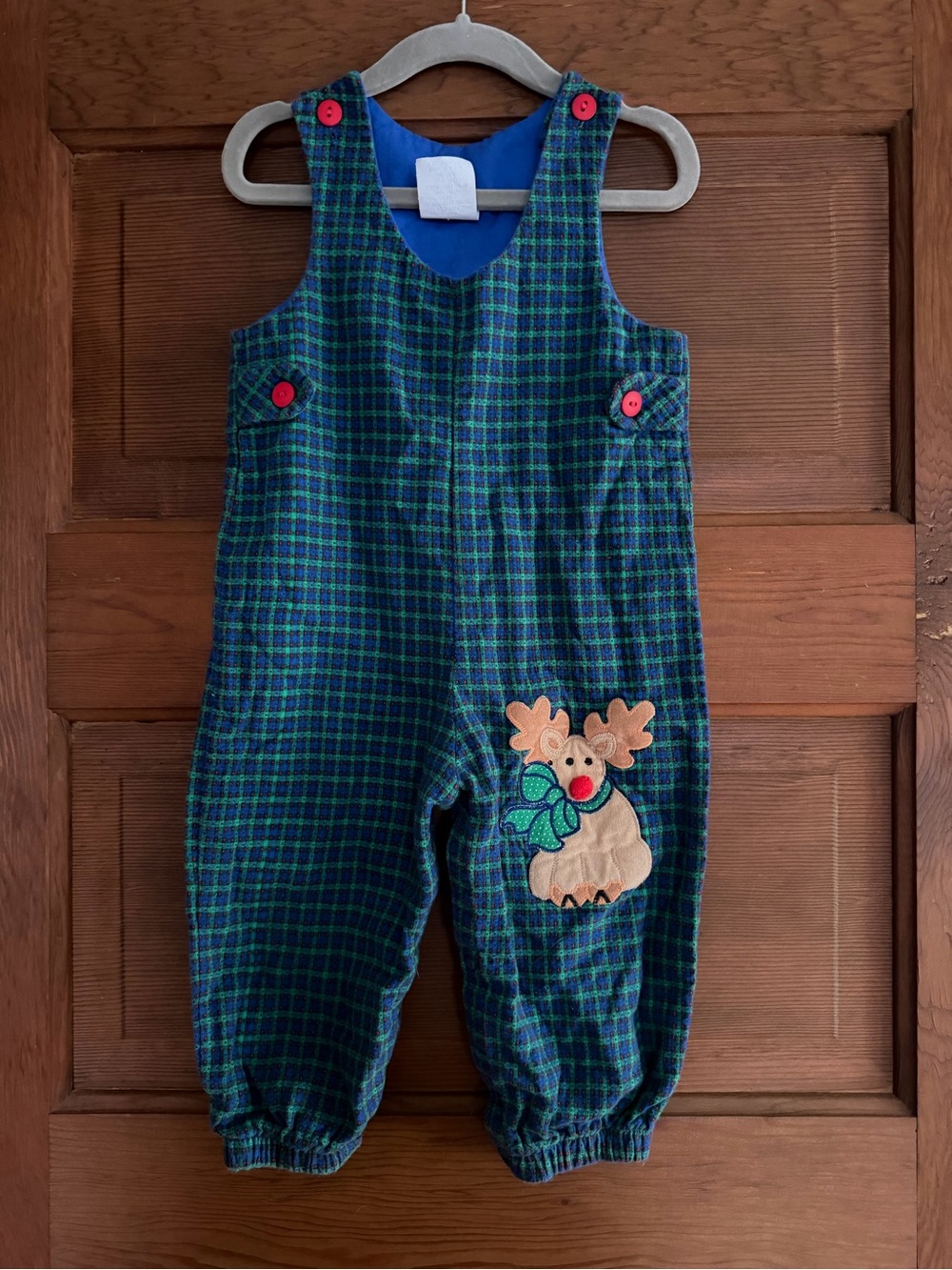 Vintage Green & Blue Plaid Christmas Overalls with Reindeer Applique Size 18M